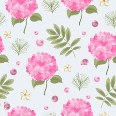 Seamless pattern with a Hydrangea flower on a beautiful background. Vector illustration.
