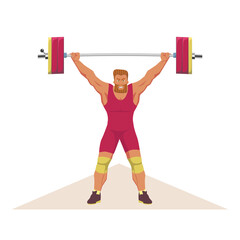 Fototapeta na wymiar An athlete stands straight and holds the bar with both hands. A weightlifter with a formidable expression holds a barbell above his head. Weightlifting competition scene. Vector flat design.