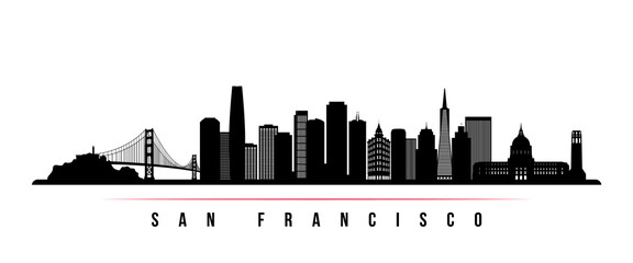 San Francisco skyline horizontal banner. Black and white silhouette of San Francisco, California. Vector template for your design. - obrazy, fototapety, plakaty