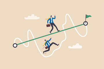 Easy or shortcut way to win business success or hard path and obstacle concept, businessmen competing with smart guy running on straight easy way and other on hard messy path.