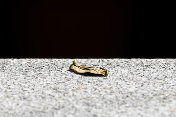 Dry, dead and isolated leaf fallen on granite texture surface in black background. Last leaf, end of fall season, beginning of winter. End of spring, first leaf of autumn. Conceptual art. Minimalism