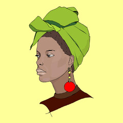 Beautiful young african woman wearing head wrap (turban). Portrait.  Hand drawn vector illustration. Yellow background.Isolated.