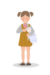 Character is a little girl with a doll and a lollipop in her hands. Vector flat drawing.