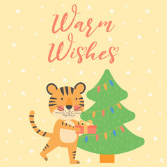 Warm wishes greeting card for New Year and Christmas. Banner with tiger, symbol 2022, year mascot. Holiday winter concept with vector character