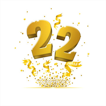 Poster template for Celebrating 22 anniversary event party. Gold 3d numbers with glitter gold confetti, serpentine. Festive background for celebration event, wedding, greeting card. New Year 2022