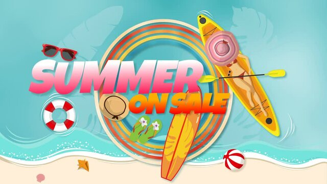 4K summer sale discount cartoon animation background. relaxing sexy woman in bikini sunbathing on the boat over the ocean with ripple wave at tropical beach in summer season with colorful text summer.