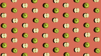 Colorful fresh fruit pattern with organic green apples on pastel background. Creative geometric minimalistic flat lay concept, simple arrangement, modern contrast composition.