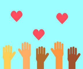 The hands of different people are raised up. Symbol. Vector illustration.