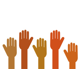 Hands of various people are raised up on a white background. Symbol. Vector illustration.