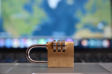 Padlock with blur computer screen. Internet security, concept photo. Security protocol 443.