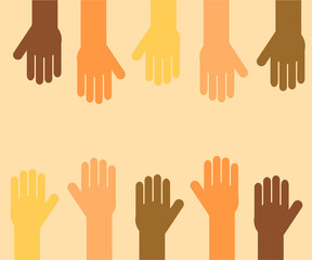 The hands of different people are raised up. Symbol. Vector illustration.