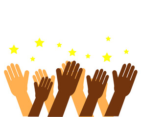 Hands of various people are raised up on a white background. Symbol. Vector illustration.