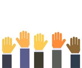 Hands of various people are raised up on a white background. Symbol. Vector illustration.
