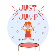 Cute little smilinng ginger girl jumping on trampoline. Cartoon vector illustration, isolated on a white