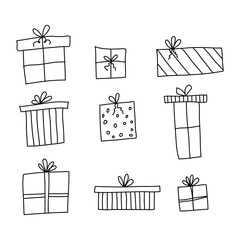 Set of vector outline gift icons. Black and white line boxes with ribbons, isolated illustration. Trendy design elements for holiday greeting card, gift shop, voucher, flyer, banner. Isolated vector