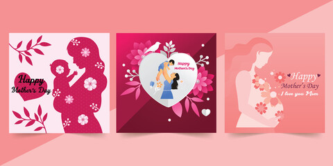 Set of Mother's Day greeting cards with paper cut flowers. Mother Day holiday illustration for greeting banner, fashion ads, poster, flyer, social media, promotion. vector illustrations.