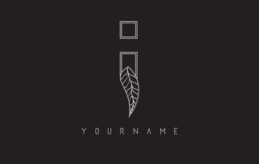 White Outline I Letter Logo with outline leaf design. Vector illustration, icon, concept for your personal branding or company.