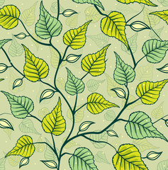 sprinng summer seamless pattern with birch leaves and branches