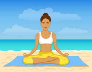 woman meditating on the beach. outdoor yoga workout