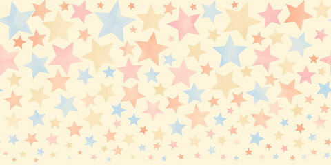 Seamless pastel watercolor backdrop texture. Pastel color stars. Painted childish illustration for wrapping or cads. Children's background. Aged template for design. Vintage. Retro. Old paper texture.