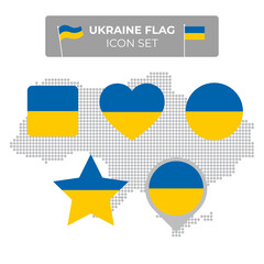 Ukraine flag icons set in the shape of square, heart, circle, stars and pointer, map marker. Mosaic map of ukraine. Vector ukrainian flat symbol, icon, button