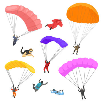 People skydiving with parachutes vector illustrations set. Cartoon parachutists falling with equipment isolated on white background. Extreme sports, skydiving, activity, adventure, adrenaline concept