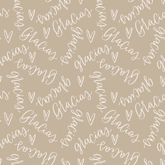 Natural khaki product packaging seamless pattern with hearts. Gracias, which means Thank you, in Spanish language calligraphy vector repeat design in earthy beige colour.