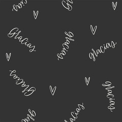 Modern calligraphy product wrapping vector design. Gracias which means Thank you in Spanish language. Black and white seamless pattern with hearts.