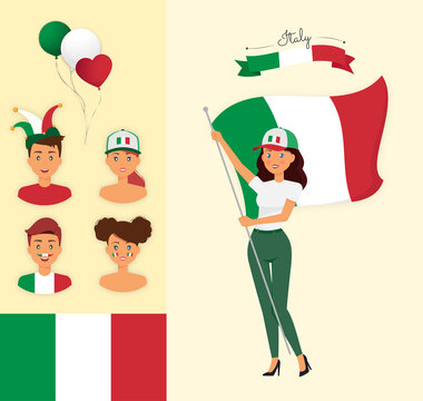 Italian fans characters - patriot people with flag of Italy