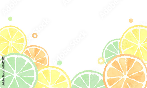 シトラスの水彩イラストの背景 フレーム オレンジ レモン ライム 断面 果物 フルーツ 分割可 Advertisement Wall Mural Advertiseme Yugoro