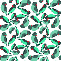 Creative seamless pattern with tropical birds, parrots, leaves and flowers. Trendy texture with hand drawn exotic plants. Swimwear botanical design. Jungle exotic summer print.	