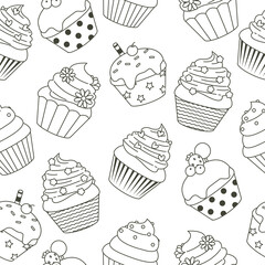 Hand drawn cute cupcake seamless pattern. Flat vector cartoon design background