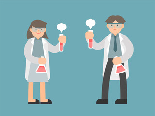 Male and Female chemists cartoon characters. For laboratory research.
Flat minimal vector.