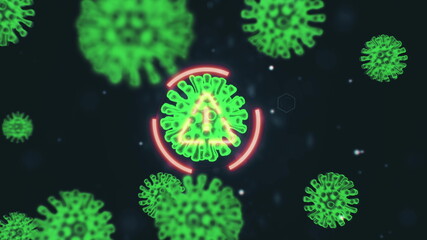 Pathogen of coronavirus 2019-nCov inside infected organism illustrated as brown round cells on black background. 2019-nCoV, SARS, H1N1, MERS and other epidemic viruses concept. 3d rendering 4K video.