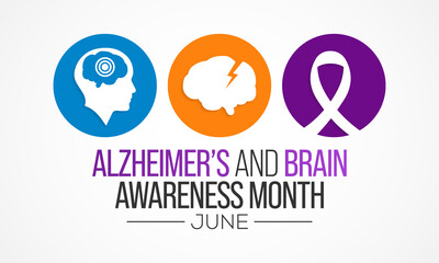 Alzheimer's and Brain awareness month is observed every year in June. it is an irreversible, progressive brain disorder that slowly destroys memory and thinking skills. Vector illustration.