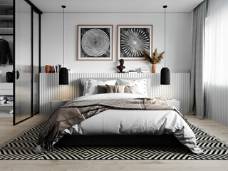 Modern bedroom interior in African style. 3d rendering
