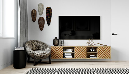 Modern interior of living room in African style. 3d rendering. © Ivan