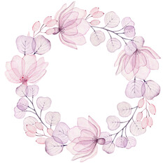 Round frame with watercolor transparent flowers.Floral wreath