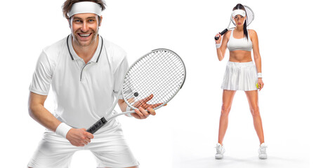 Tennis mixed doubles match. Couple of two tennis players with racket in white costume. Man and woman athlete playing isolated on light background.