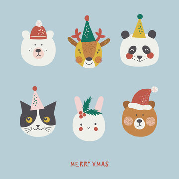 Christmas animals heads vector clipart set. Holly Cute Bunny Cat Bear Panda Dear faces Xmas icons for kids. Seasonal winter holidays animalistic graphic design 