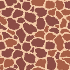Animal seamless pattern. Giraffe skin. Animal  texture with brown spots on a yellow background. Mammal fur. Leather print. Camouflage predator. Vector illustration.
