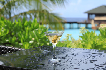 glass with martini cocktail with olives on the table outdoors in summer