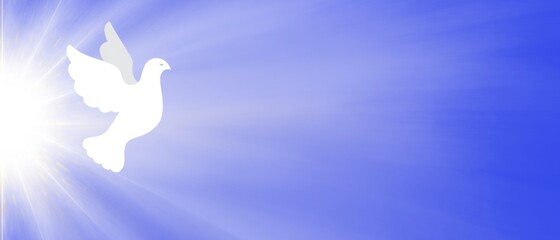 Banner blu luce magica raggiante Colomba Bianca vola. Pasqua. Pentecoste. Battesimo. Chiesa. Fede. Amore. Speranza. Spiritualità. Cielo. Raggio di sole 