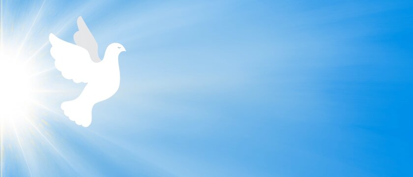 Banner sfondo azzurro colomba pasquale bianca nel cielo. Pasqua. Annunciazione. Pentecoste. Natale. Battesimo. Paradiso. Luce croce raggiante.