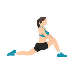 Woman doing hip flexor stretch exercise flat vector illustration isolated on white background