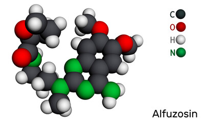 Alfuzosin molecule. It is antineoplastic agent, an antihypertensive agent, an alpha-adrenergic antagonist. Molecular model. 3D rendering
