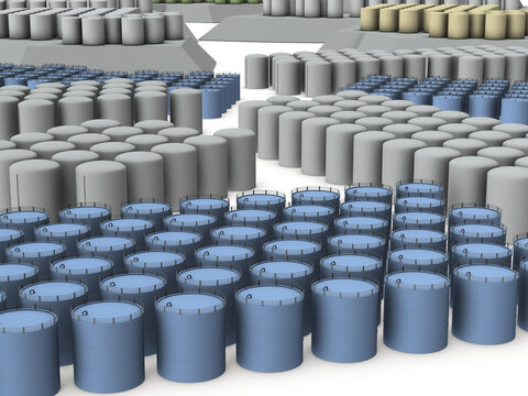 大量に並ぶ処理水タンク。白バック。3Dレンダリング