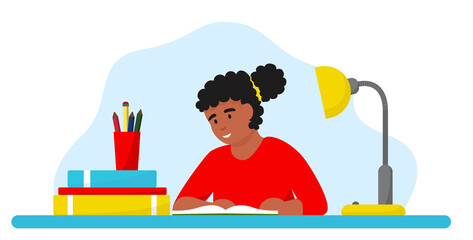 Cartoon african american girl studying at home with computer and books on window background. School girl writing for homework. Online education concept. Vector illustration drawing in flat style.