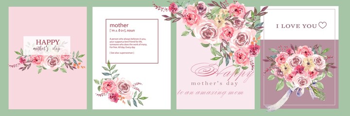 Happy Mother's day watercolor card set. Greeting mom postcard design. Vector flowers