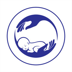 Fototapeta na wymiar baby sleeping in hand. Logo of baby care, family love, protection, pregnancy. Concept of protect child. Parent's hands. Childbearing. Newborn baby in safety. Symbol of in vitro fertilization.